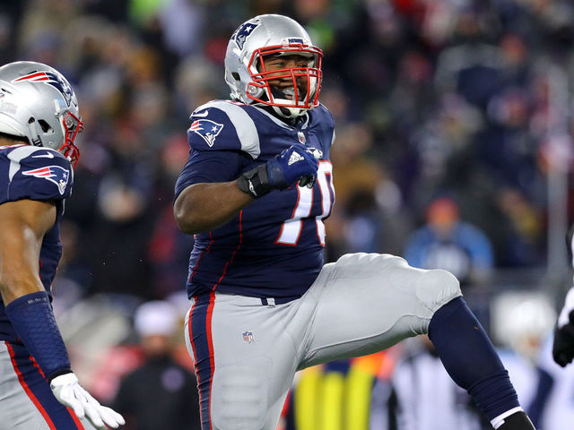 FOXBOROUGH, MA - JANUARY 13: Adam Butler #70 of the New England Patriots reacts during the fourth quarter in the AFC Divisional Playoff game against the Tennessee Titans at Gillette Stadium on January 13, 2018 in Foxborough, Massachusetts.