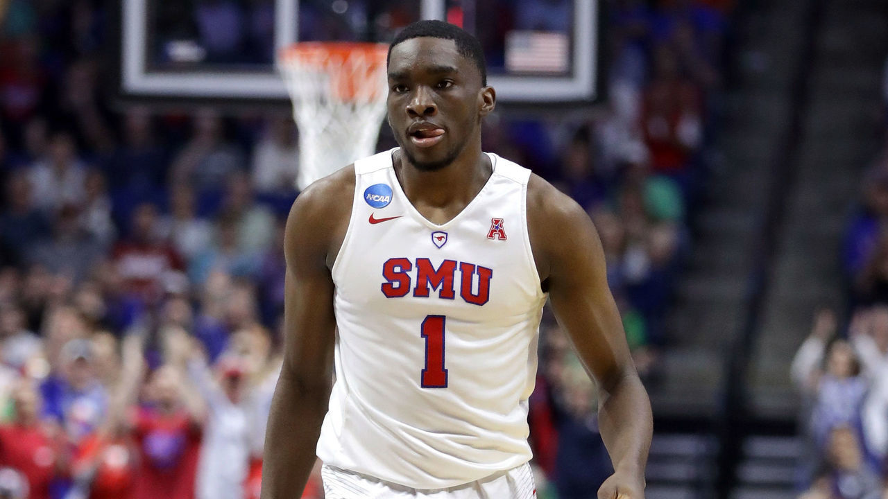TULSA, OK - MARCH 17: Shake Milton #1 of the Southern Methodist Mustangs looks on in the first half against the USC Trojans during the first round of the 2017 NCAA Men's Basketball Tournament at BOK Center on March 17, 2017 in Tulsa, Oklahoma.