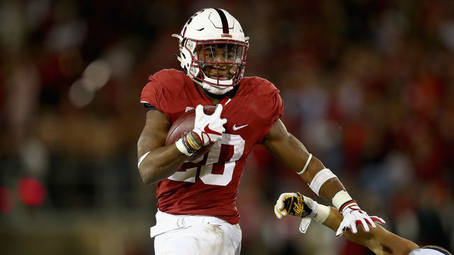 PALO ALTO, CA - NOVEMBER 18: Bryce Love #20 of the Stanford Cardinal in action against the California Golden Bears at Stanford Stadium on November 18, 2017 in Palo Alto, California.