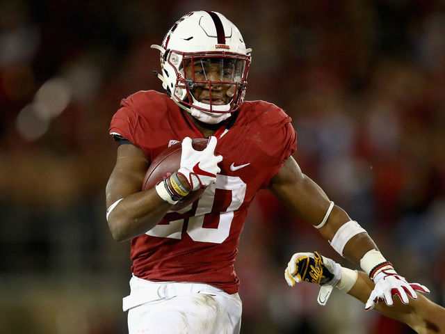 PALO ALTO, CA - NOVEMBER 18: Bryce Love #20 of the Stanford Cardinal in action against the California Golden Bears at Stanford Stadium on November 18, 2017 in Palo Alto, California.