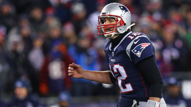 FOXBOROUGH, MA - JANUARY 13: Tom Brady #12 of the New England Patriots calls a play during the AFC Divisional Playoff game against the Tennessee Titans at Gillette Stadium on January 13, 2018 in Foxborough, Massachusetts.