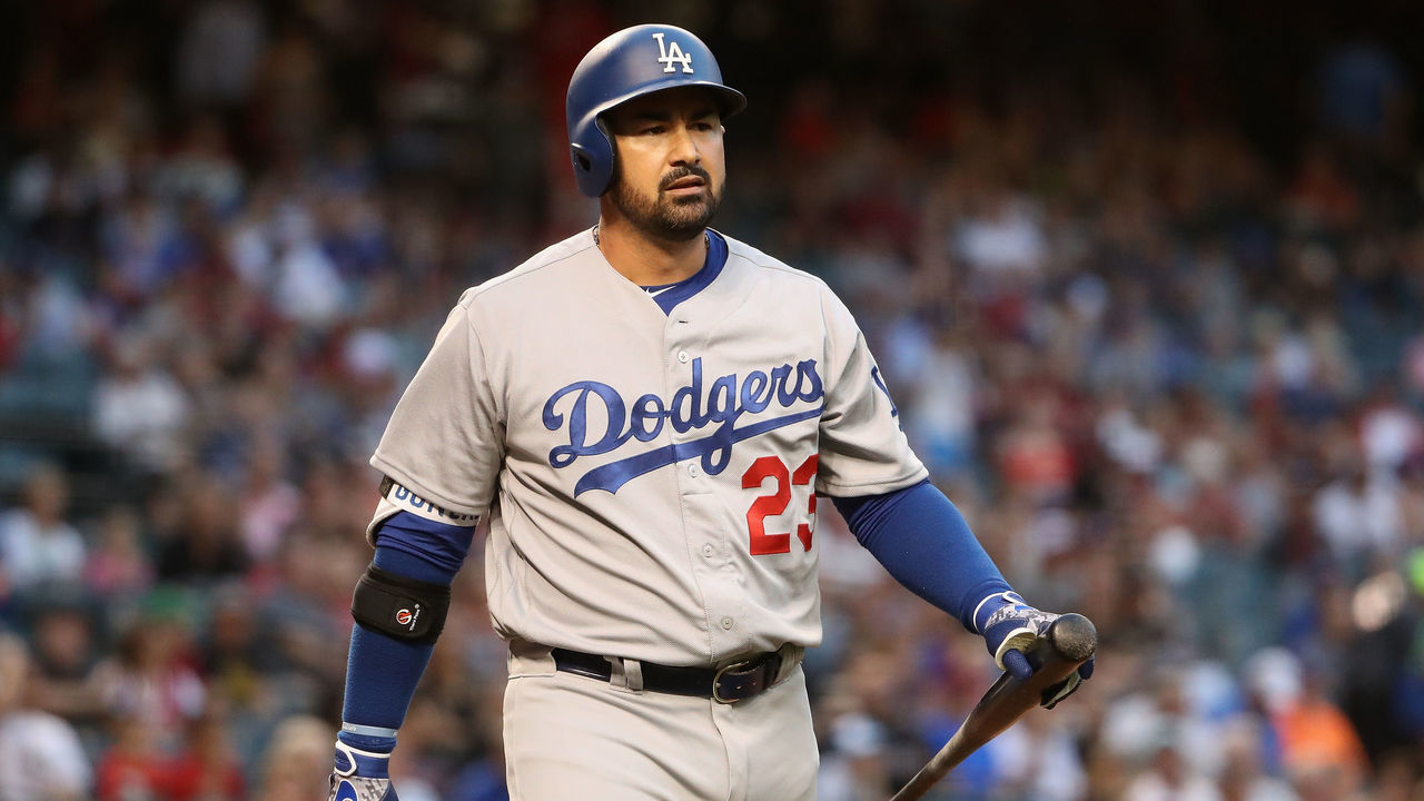PHOENIX, AZ - APRIL 21: Adrian Gonzalez #23 of the Los Angeles Dodgers reacts to a strike out against the Arizona Diamondbacks during the MLB game at Chase Field on April 21, 2017 in Phoenix, Arizona.
