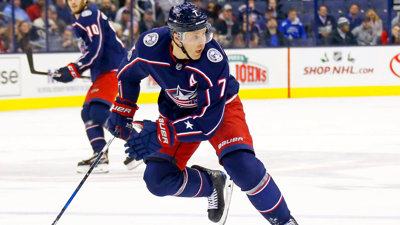 COLUMBUS, OH - DECEMBER 12: Jack Johnson #7 of the Columbus Blue Jackets skates after the puck during the game against the Edmonton Oilers on December 12, 2017 at Nationwide Arena in Columbus, Ohio. Edmonton defeated Columbus 7-2.