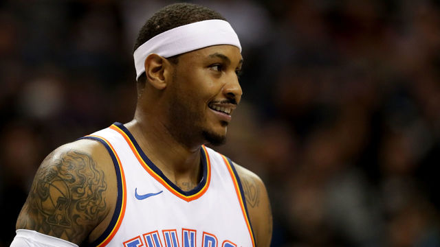 CHARLOTTE, NC - JANUARY 13: Carmelo Anthony #7 of the Oklahoma City Thunder watches on against the Charlotte Hornets during their game at Spectrum Center on January 13, 2018 in Charlotte, North Carolina.