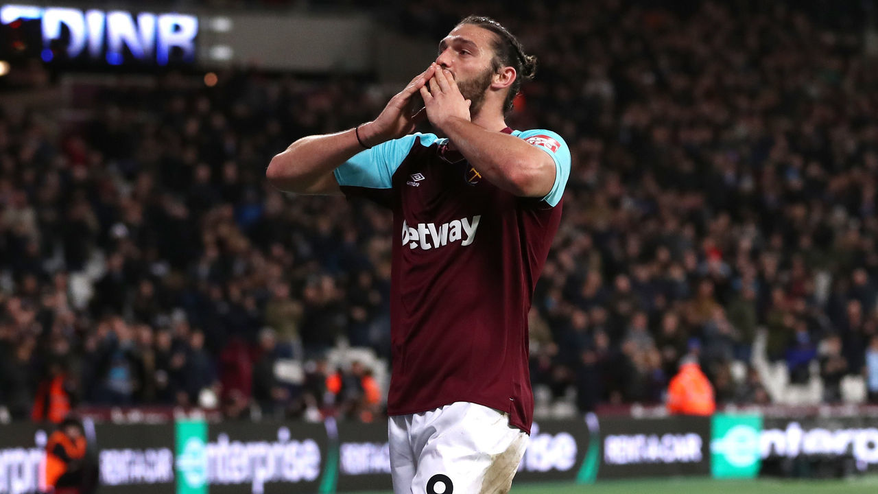 LONDON, ENGLAND - JANUARY 02: Andy Carroll of West Ham United celebrates after scoring his sides first goal during the Premier League match between West Ham United and West Bromwich Albion at London Stadium on January 2, 2018 in London, England.
