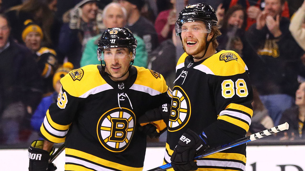 BOSTON, MA - JANUARY 6: David Pastrnak #88 of the Boston Bruins celebrates with Brad Marchand #63 after scoring against the Carolina Hurricanesduring the first period at TD Garden on January 6, 2018 in Boston, Massachusetts.