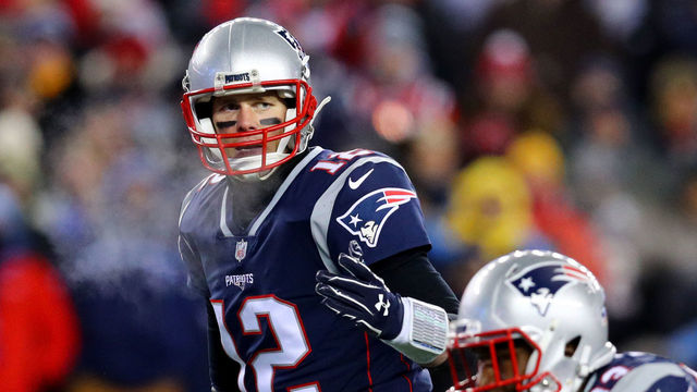 FOXBOROUGH, MA - JANUARY 13: Tom Brady #12 of the New England Patriots calls a play during the AFC Divisional Playoff game against the Tennessee Titans at Gillette Stadium on January 13, 2018 in Foxborough, Massachusetts.