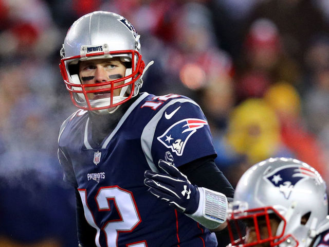 FOXBOROUGH, MA - JANUARY 13: Tom Brady #12 of the New England Patriots calls a play during the AFC Divisional Playoff game against the Tennessee Titans at Gillette Stadium on January 13, 2018 in Foxborough, Massachusetts.