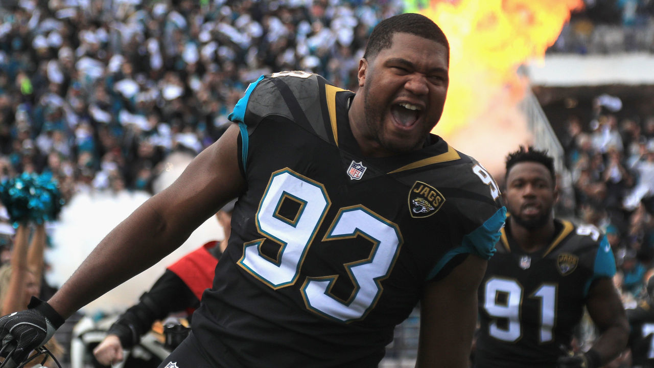 JACKSONVILLE, FL - JANUARY 07: Defensive end Calais Campbell #93 of the Jacksonville Jaguars takes the field before the start of the AFC Wild Card Playoff game against the Buffalo Bills at EverBank Field on January 7, 2018 in Jacksonville, Florida.