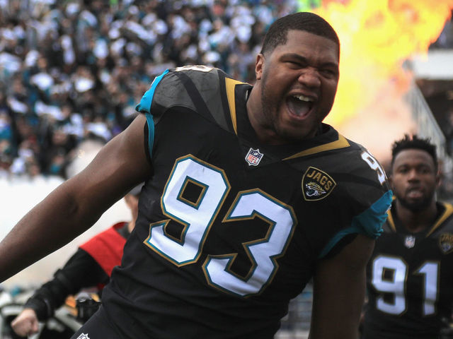 JACKSONVILLE, FL - JANUARY 07: Defensive end Calais Campbell #93 of the Jacksonville Jaguars takes the field before the start of the AFC Wild Card Playoff game against the Buffalo Bills at EverBank Field on January 7, 2018 in Jacksonville, Florida.
