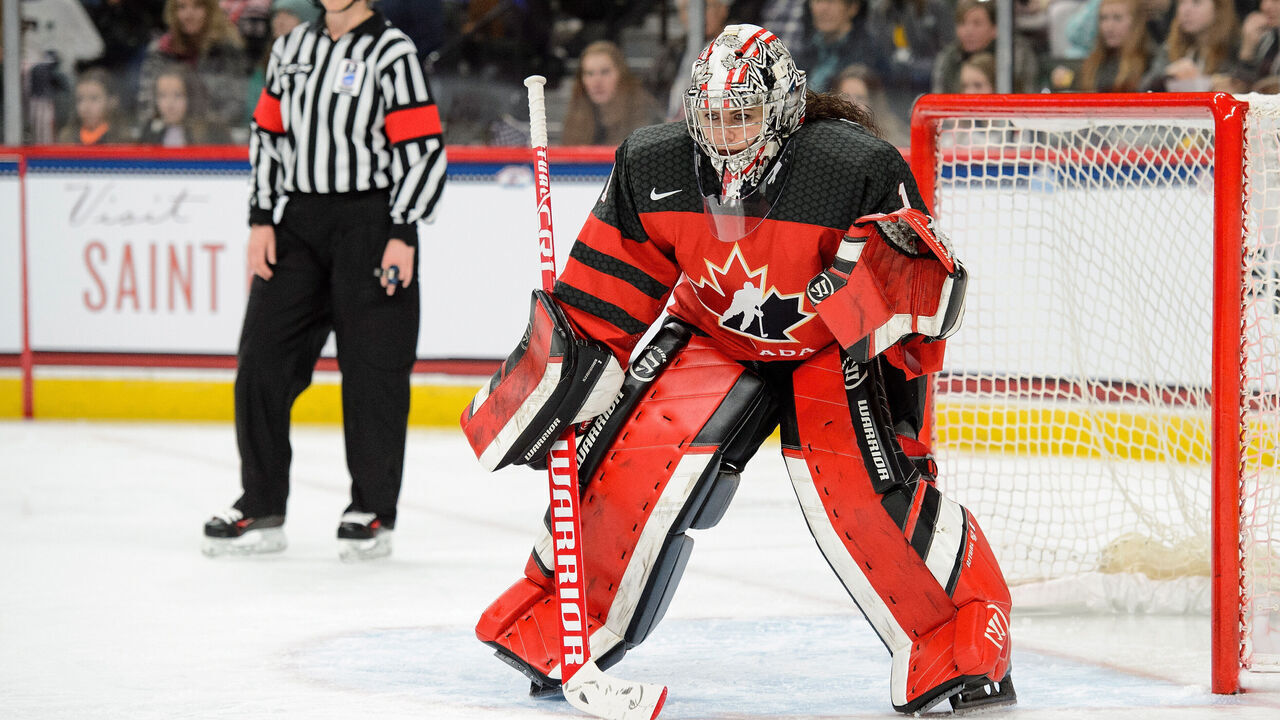 ST PAUL, MN - DECEMBER 03: Shannon Szabados #1 of Canada defends the net against the United States during the game on December 3, 2017 at Xcel Energy Center in St Paul, Minnesota. Canada defeated the United States 2-1 in overtime.