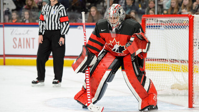 ST PAUL, MN - DECEMBER 03: Shannon Szabados #1 of Canada defends the net against the United States during the game on December 3, 2017 at Xcel Energy Center in St Paul, Minnesota. Canada defeated the United States 2-1 in overtime.