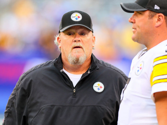 EAST RUTHERFORD, NJ - AUGUST 11: Pittsburgh Steelers quarterback coach Randy Fichtner talks with Pittsburgh Steelers quarterback Ben Roethlisberger (7) prior to the Preseason National Football League game between the New York Giants and the Pittsburgh Steelers on August 11, 2017, at Met Life Stadium in East Rutherford, NJ.