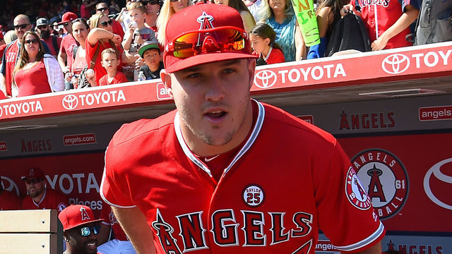 ANAHEIM, CA - OCTOBER 01: Mike Trout #27 of the Los Angeles Angels of Anaheim runs on to the field for the final game of the season against the Seattle Mariners at Angel Stadium of Anaheim on October 1, 2017 in Anaheim, California.