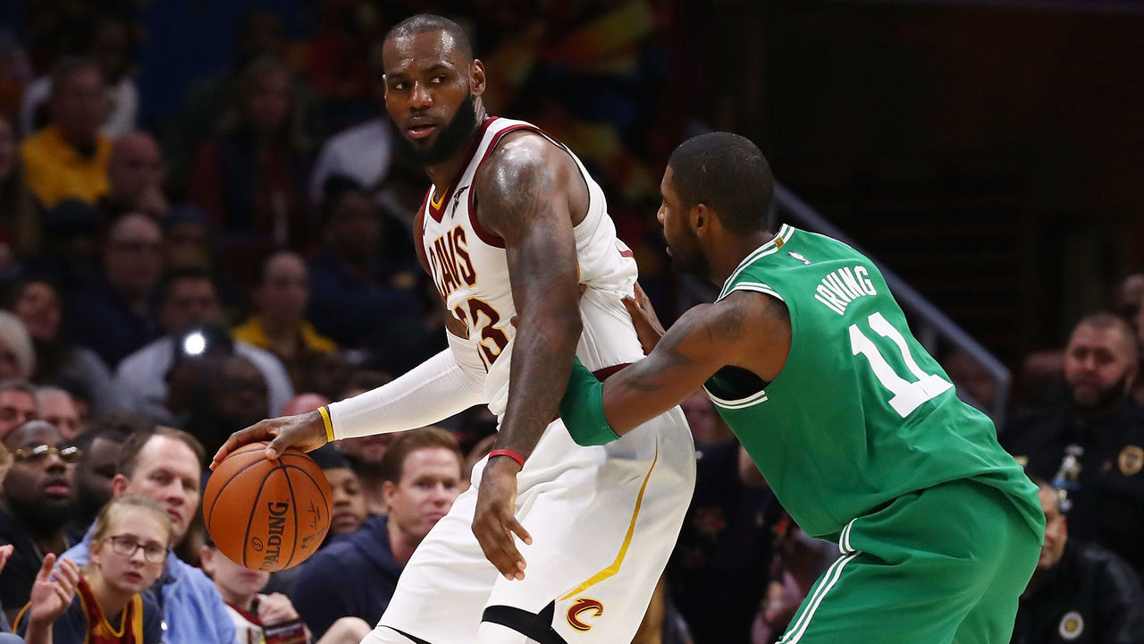CLEVELAND, OH - OCTOBER 17: LeBron James #23 of the Cleveland Cavaliers looks to get around Kyrie Irving #11 of the Boston Celtics during the second half at Quicken Loans Arena on October 17, 2017 in Cleveland, Ohio. Cleveland won the game 102-99.