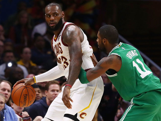 CLEVELAND, OH - OCTOBER 17: LeBron James #23 of the Cleveland Cavaliers looks to get around Kyrie Irving #11 of the Boston Celtics during the second half at Quicken Loans Arena on October 17, 2017 in Cleveland, Ohio. Cleveland won the game 102-99.