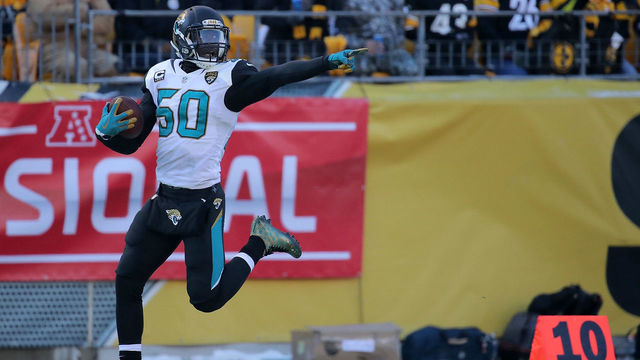 PITTSBURGH, PA - JANUARY 14: Telvin Smith #50 of the Jacksonville Jaguars reacts after recovering a fumble and returning it for a 50 yard touchdown in the second quarter during the AFC Divisional Playoff game against the Pittsburgh Steelers at Heinz Field on January 14, 2018 in Pittsburgh, Pennsylvania.