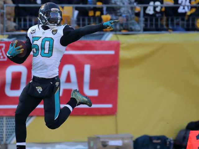 PITTSBURGH, PA - JANUARY 14: Telvin Smith #50 of the Jacksonville Jaguars reacts after recovering a fumble and returning it for a 50 yard touchdown in the second quarter during the AFC Divisional Playoff game against the Pittsburgh Steelers at Heinz Field on January 14, 2018 in Pittsburgh, Pennsylvania.