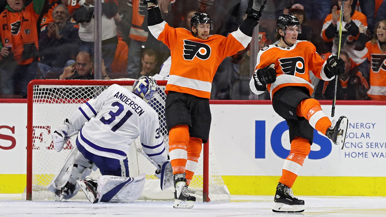 PHILADELPHIA, PA - JANUARY 18: Nolan Patrick #19 of the Philadelphia Flyers celebrates his goal against the Toronto Maple Leafs during the third period at Wells Fargo Center on January 18, 2018 in Philadelphia, Pennsylvania.