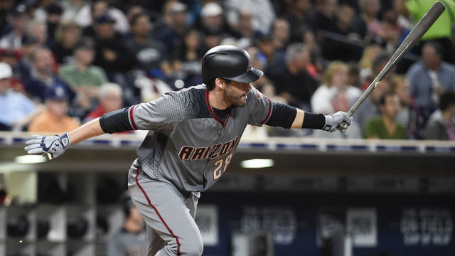 SAN DIEGO, CA - SEPTEMBER 18: J.D. Martinez #28 of the Arizona Diamondbacks hits an RBI single during the third inning of a baseball game against the San Diego Padres at PETCO Park on September 18, 2017 in San Diego, California.