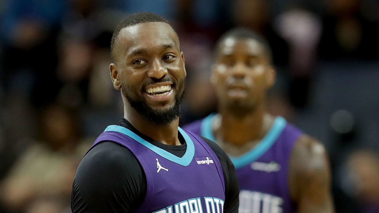 CHARLOTTE, NC - JANUARY 12: Kemba Walker #15 of the Charlotte Hornets reacts after a play against the Utah Jazz during their game at Spectrum Center on January 12, 2018 in Charlotte, North Carolina.