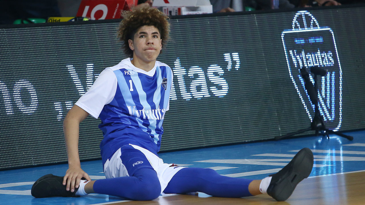 PRIENAI, LITHUANIA - JANUARY 09: LaMelo Ball of Vytautas Prienai prior to the match between Vytautas Prienai and Zalgiris Kauno on January 9, 2018 in Prienai, Lithuania.