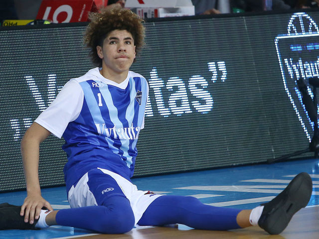 PRIENAI, LITHUANIA - JANUARY 09: LaMelo Ball of Vytautas Prienai prior to the match between Vytautas Prienai and Zalgiris Kauno on January 9, 2018 in Prienai, Lithuania.