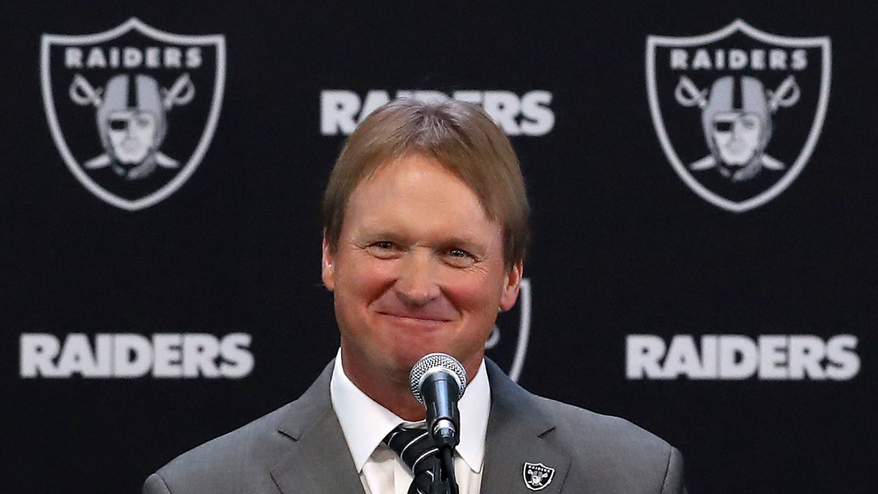 ALAMEDA, CA - JANUARY 09: Oakland Raiders new head coach Jon Gruden speaks during a news conference at Oakland Raiders headquarters on January 9, 2018 in Alameda, California. Jon Gruden has returned to the Oakland Raiders after leaving the team in 2001.