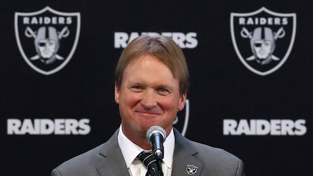 ALAMEDA, CA - JANUARY 09: Oakland Raiders new head coach Jon Gruden speaks during a news conference at Oakland Raiders headquarters on January 9, 2018 in Alameda, California. Jon Gruden has returned to the Oakland Raiders after leaving the team in 2001.