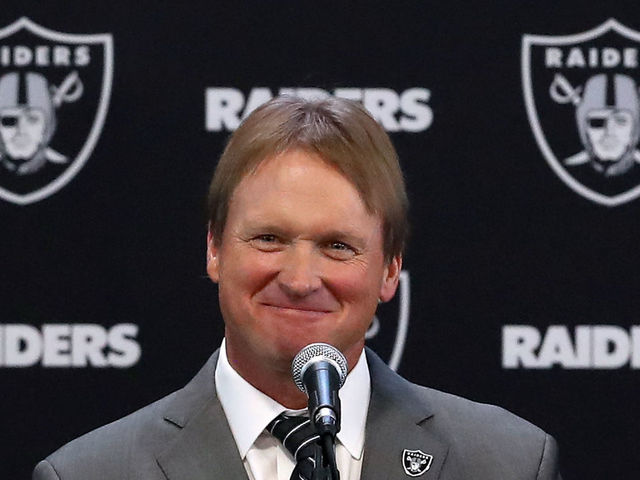 ALAMEDA, CA - JANUARY 09: Oakland Raiders new head coach Jon Gruden speaks during a news conference at Oakland Raiders headquarters on January 9, 2018 in Alameda, California. Jon Gruden has returned to the Oakland Raiders after leaving the team in 2001.