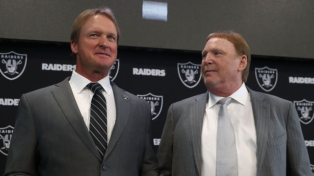 ALAMEDA, CA - JANUARY 09: Oakland Raiders new head coach Jon Gruden (L) and Raiders owner Mark Davis pose for a photograph during a news conference at Oakland Raiders headquarters on January 9, 2018 in Alameda, California. Jon Gruden has returned to the Oakland Raiders after leaving the team in 2001.