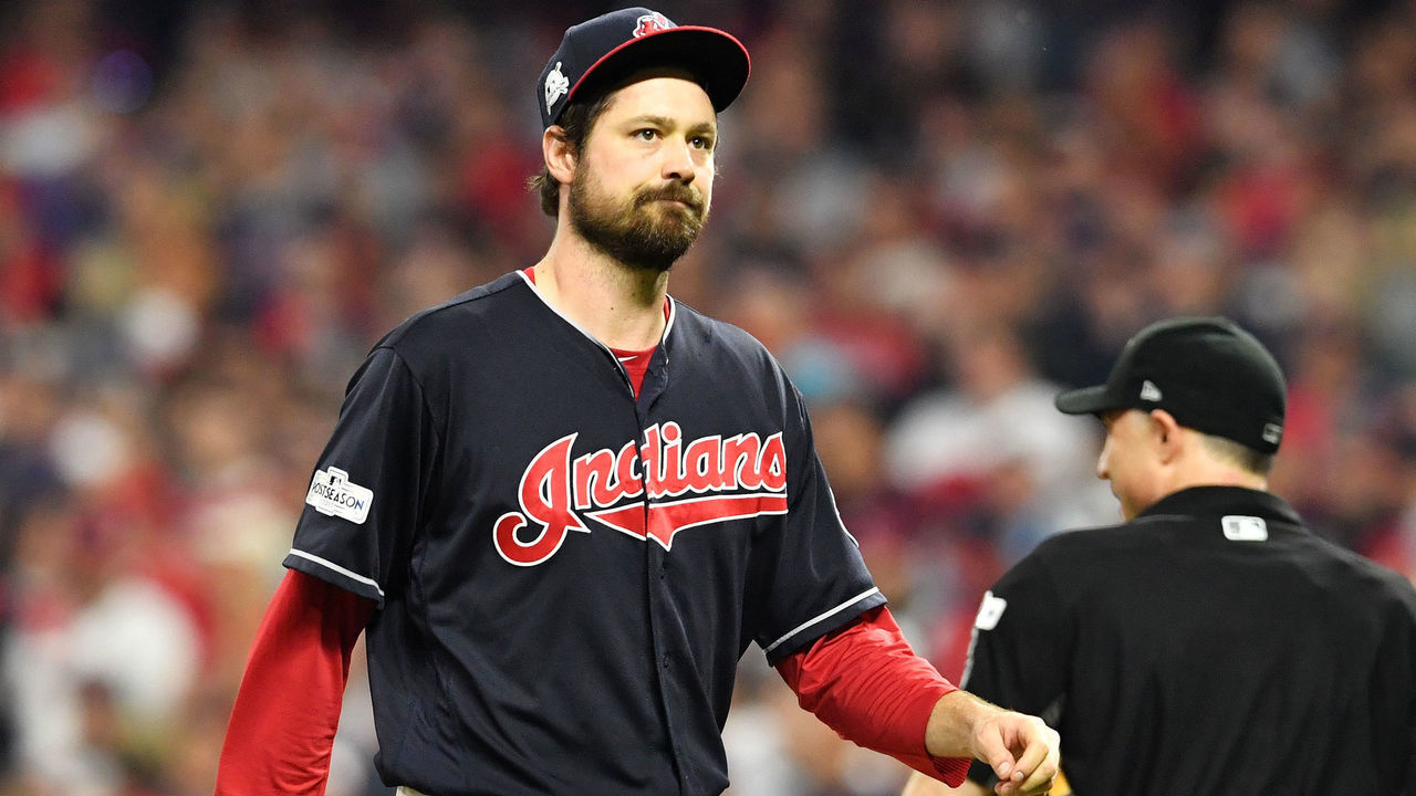 CLEVELAND, OH - OCTOBER 06: Andrew Miller #24 of the Cleveland Indians leaves the game in the ninth inning against the New York Yankees during game two of the American League Division Series at Progressive Field on October 6, 2017 in Cleveland, Ohio.