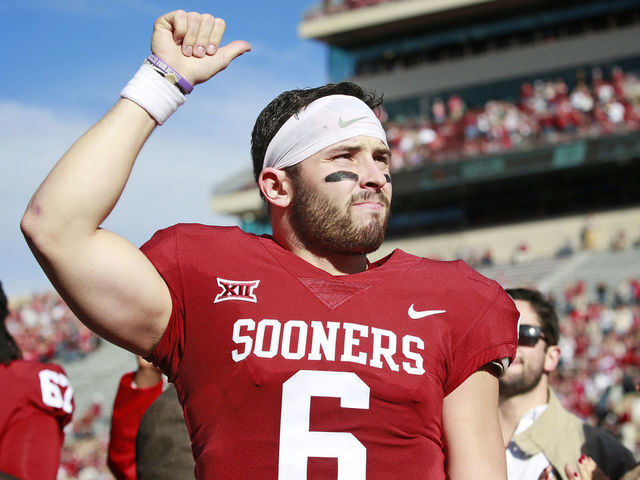 NORMAN, OK - NOVEMBER 25: Quarterback Baker Mayfield #6 of the Oklahoma Sooners gestures to the crowd after Senior Day announcements before the game against the West Virginia Mountaineers at Gaylord Family Oklahoma Memorial Stadium on November 25, 2017 in Norman, Oklahoma. Oklahoma defeated West Virginia 59-31.
