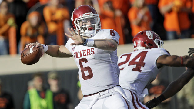 STILLWATER, OK - NOVEMBER 04: Quarterback Baker Mayfield #6 of the Oklahoma Sooners looks to throw against the Oklahoma State Cowboys at Boone Pickens Stadium on November 4, 2017 in Stillwater, Oklahoma. Oklahoma defeated Oklahoma State 62-52.