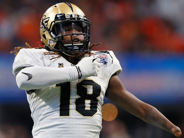 ATLANTA, GA - JANUARY 01: Shaquem Griffin #18 of the UCF Knights celebrates after sacking Jarrett Stidham #8 of the Auburn Tigers (not pictured) in the second half during the Chick-fil-A Peach Bowl at Mercedes-Benz Stadium on January 1, 2018 in Atlanta, Georgia.
