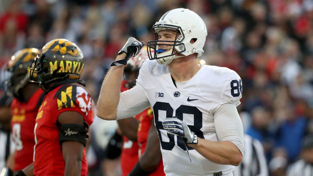 COLLEGE PARK, MD - NOVEMBER 25: Tight end Mike Gesicki #88 of the Penn State Nittany Lions celebrates after catching a second quarter touchdown against the Maryland Terrapins at Capital One Field on November 25, 2017 in College Park, Maryland.