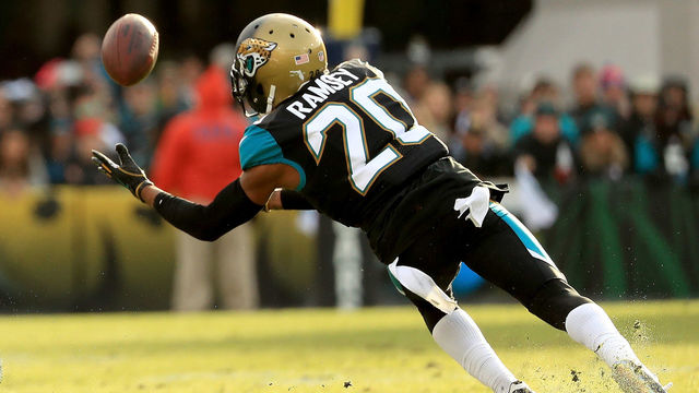 JACKSONVILLE, FL - JANUARY 07: Jalen Ramsey #20 of the Jacksonville Jaguars makes an interception during AFC Wild Card playoff game against the Buffalo Bills at EverBank Field on January 7, 2018 in Jacksonville, Florida.