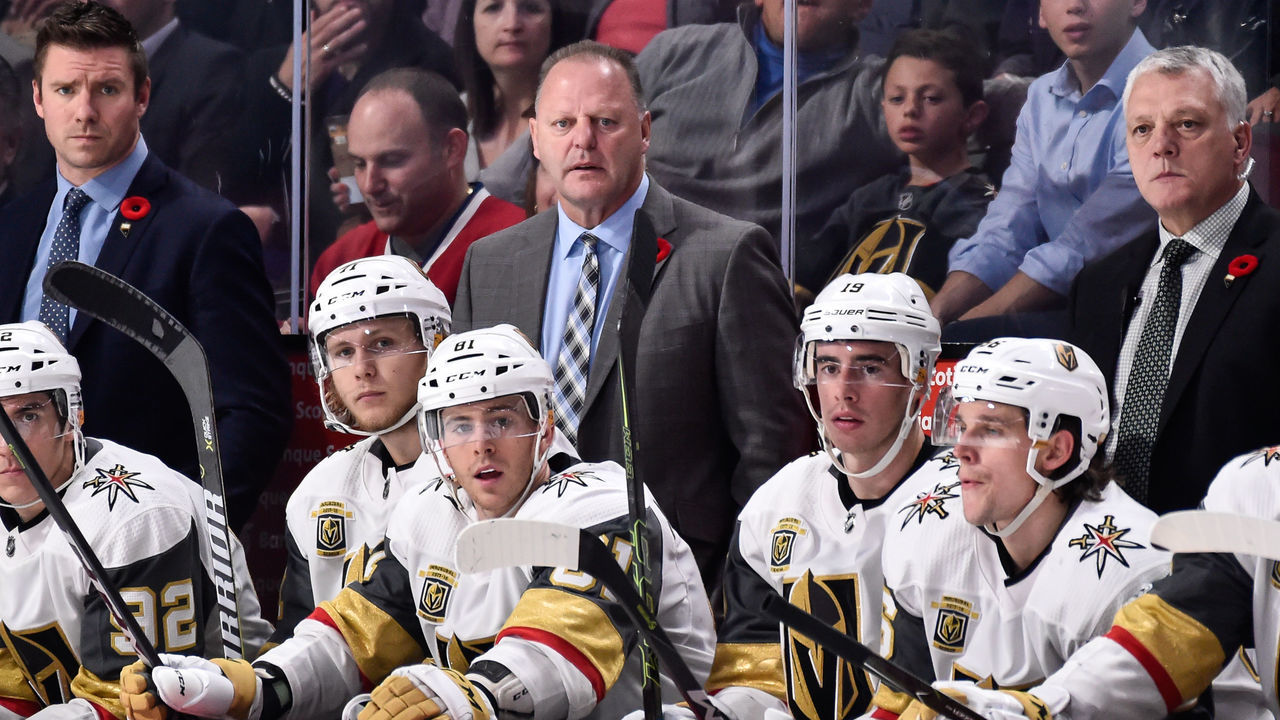 MONTREAL, QC - NOVEMBER 07: Head coach of the Vegas Golden Knights Gerard Gallant looks on from behind the bench against the Montreal Canadiens during the NHL game at the Bell Centre on November 7, 2017 in Montreal, Quebec, Canada. The Montreal Canadiens defeated the Vegas Golden Knights 3-2.