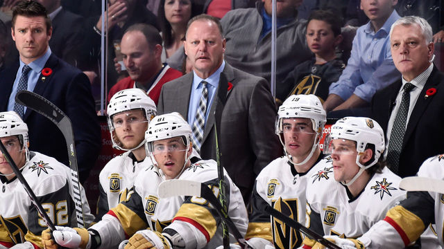 MONTREAL, QC - NOVEMBER 07: Head coach of the Vegas Golden Knights Gerard Gallant looks on from behind the bench against the Montreal Canadiens during the NHL game at the Bell Centre on November 7, 2017 in Montreal, Quebec, Canada. The Montreal Canadiens defeated the Vegas Golden Knights 3-2.