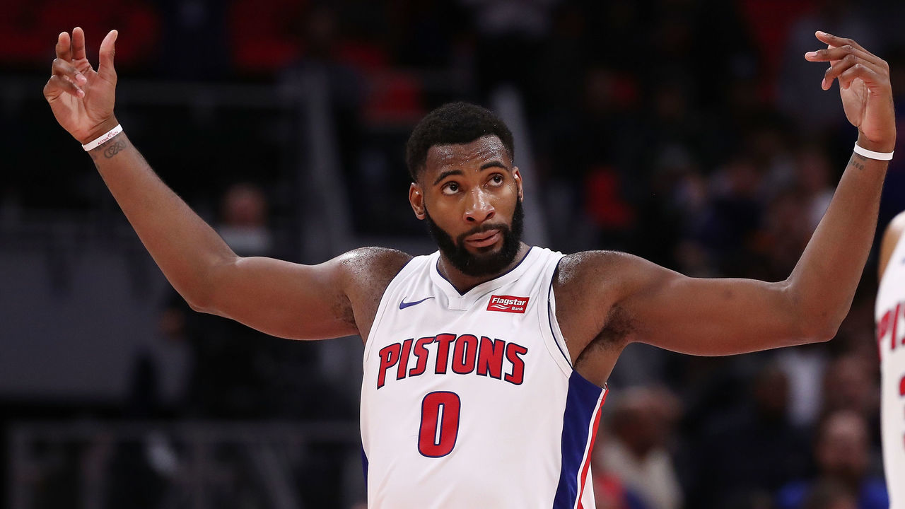 DETROIT, MI - NOVEMBER 03: Andre Drummond #0 of the Detroit Pistons celebrates a 105-96 win over the Milwaukee Bucks at Little Caesars Arena on November 3, 2017 in Detroit, Michigan.