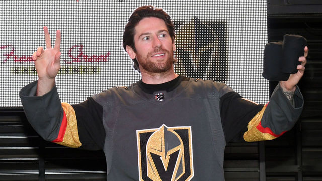 LAS VEGAS, NV - JANUARY 14: James Neal #18 of the Vegas Golden Knights is introduced at the Vegas Golden Knights Fan Fest at the Fremont Street Experience on January 14, 2018 in Las Vegas, Nevada.