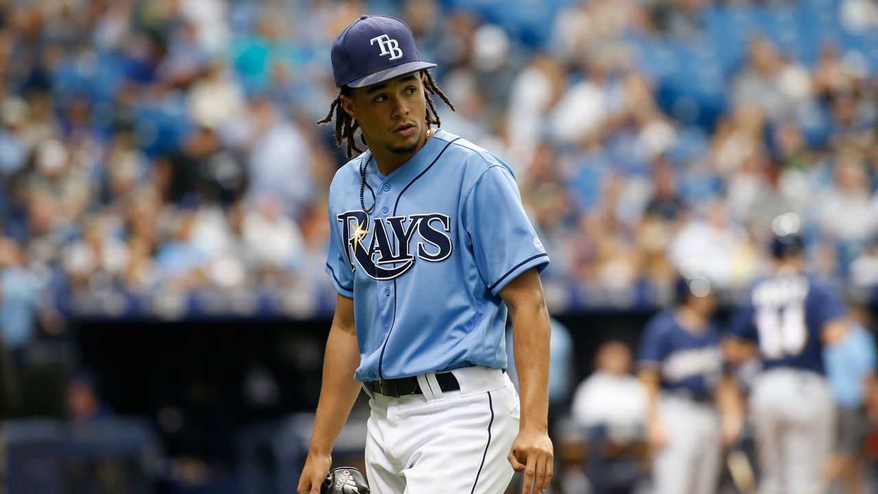 ST. PETERSBURG, FL - AUGUST 6: Pitcher Chris Archer #22 of the Tampa Bay Rays walks back to the dugout following the top of the sixth inning inning of a game against the Milwaukee Brewers on August 6, 2017 at Tropicana Field in St. Petersburg, Florida.