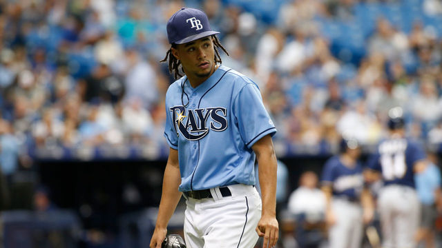 ST. PETERSBURG, FL - AUGUST 6: Pitcher Chris Archer #22 of the Tampa Bay Rays walks back to the dugout following the top of the sixth inning inning of a game against the Milwaukee Brewers on August 6, 2017 at Tropicana Field in St. Petersburg, Florida.