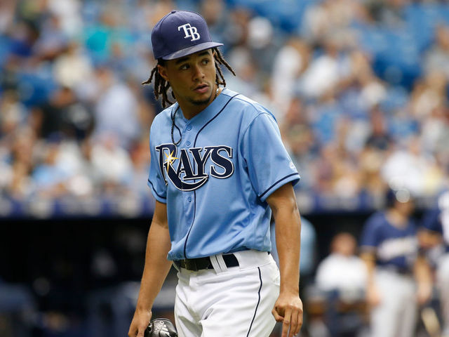 ST. PETERSBURG, FL - AUGUST 6: Pitcher Chris Archer #22 of the Tampa Bay Rays walks back to the dugout following the top of the sixth inning inning of a game against the Milwaukee Brewers on August 6, 2017 at Tropicana Field in St. Petersburg, Florida.