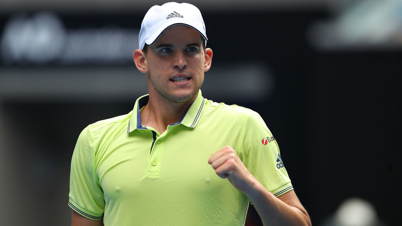 MELBOURNE, AUSTRALIA - JANUARY 20: Dominic Thiem of Austria celebrates after winning his third round match against Adrian Mannarino of France on day six of the 2018 Australian Open at Melbourne Park on January 20, 2018 in Melbourne, Australia.
