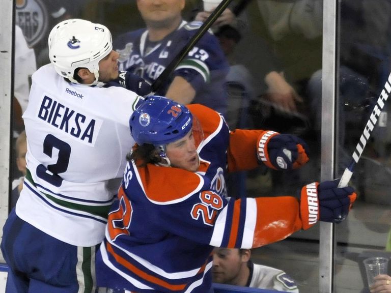 GIF: Kevin Bieksa gets jersey'd, fights on blindly | theScore.com