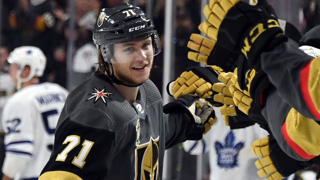 LAS VEGAS, NV - DECEMBER 31: William Karlsson #71 of the Vegas Golden Knights celebrates with teammates on the bench after scoring his third goal of the game against the Toronto Maple Leafs in the third period of their game at T-Mobile Arena on December 31, 2017 in Las Vegas, Nevada. The Golden Knights won 6-3.