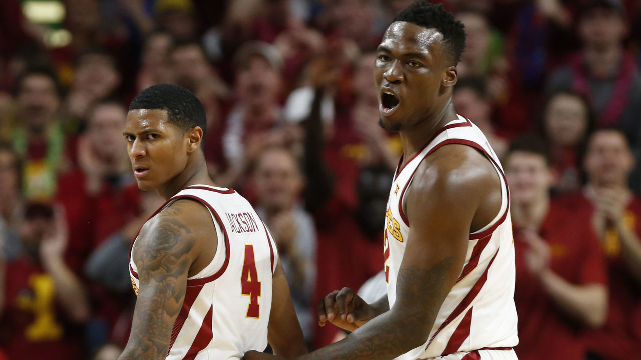 AMES, IA - JANUARY 20: Donovan Jackson #4 of the Iowa State Cyclones and teammate Cameron Lard #2 of the Iowa State Cyclones react after Jackson score a three point basket in the first half of play at Hilton Coliseum on January 20, 2018 in Ames, Iowa.