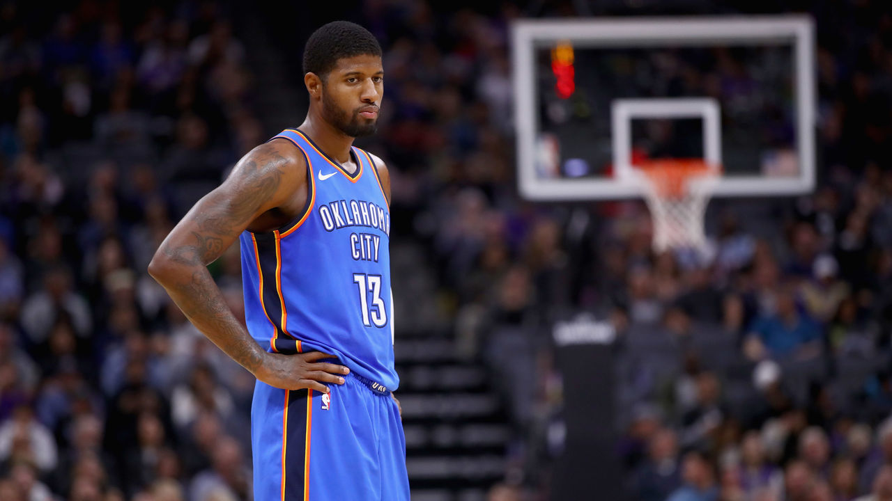 SACRAMENTO, CA - NOVEMBER 07: Paul George #13 of the Oklahoma City Thunder stands on the court during their game against the Sacramento Kings at Golden 1 Center on November 7, 2017 in Sacramento, California.