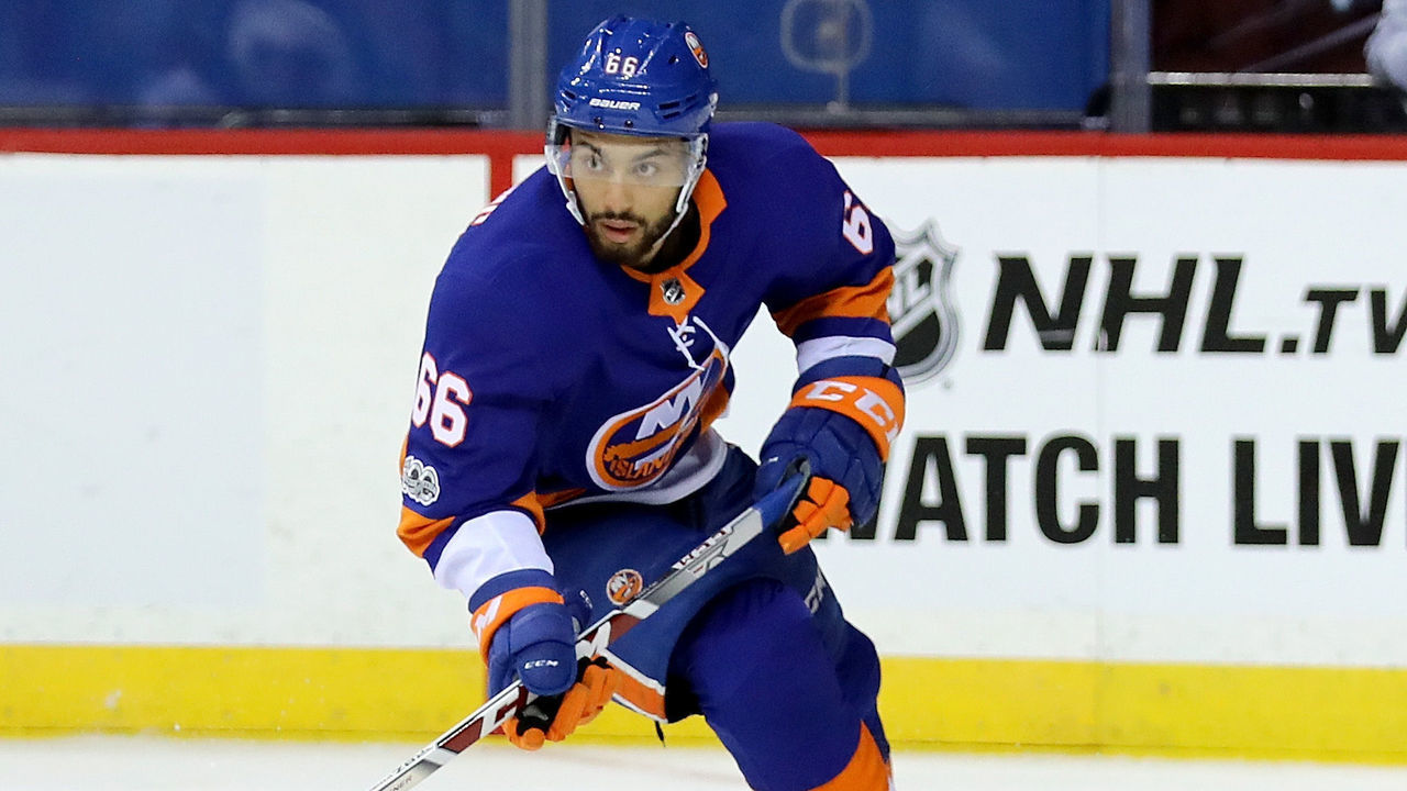 NEW YORK, NY - OCTOBER 07: Joshua Ho-Sang #66 of the New York Islanders passes the puck against the Buffalo Sabres in the first period at Barclays Center on October 7, 2017 in the Brooklyn Borough of New York City.